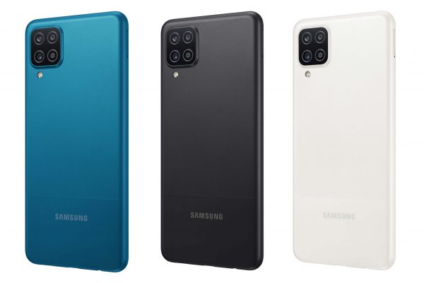 samsung galaxy a12 back view black white blue scaled